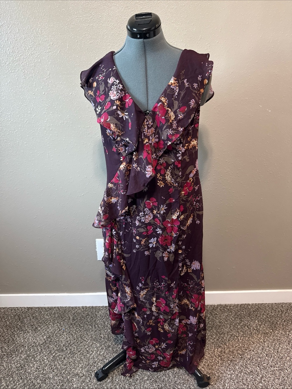 Leith Plum Floral Ruffle Maxi Dress
